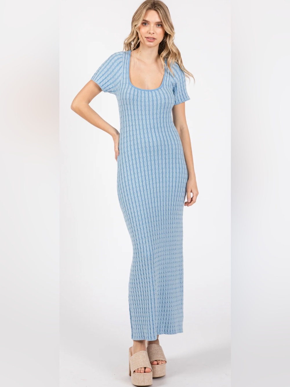 Lalavon Light Blue Cable Knit Sweater Dress
